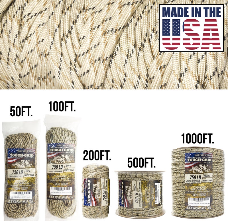 TOUGH-GRID 750 Paracord Rope Nylon Parachute Cord, Made in USA Survival Kit, Outdoor Adventures, Camping, Tactical Gear & Emergency Supplies, Military Type IV Mil-Spec - Image 2